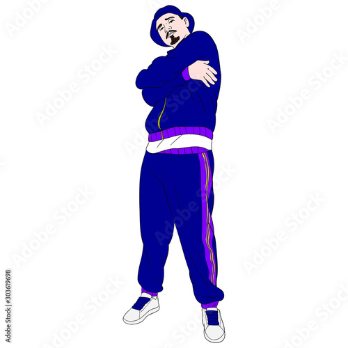 colorful vector drawing of a teenager with tracksuit looking proudly at the camera with crossed arms. hat, old, purple, cool, retro, blue.