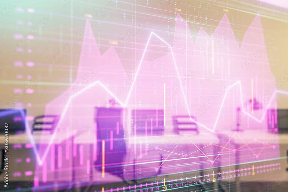 Stock and bond market graph with trading desk bank office interior on background. Multi exposure. Concept of financial analysis Stock and bond market graph with trading desk bank office interior on background. Multi exposure. Concept of financial analysis