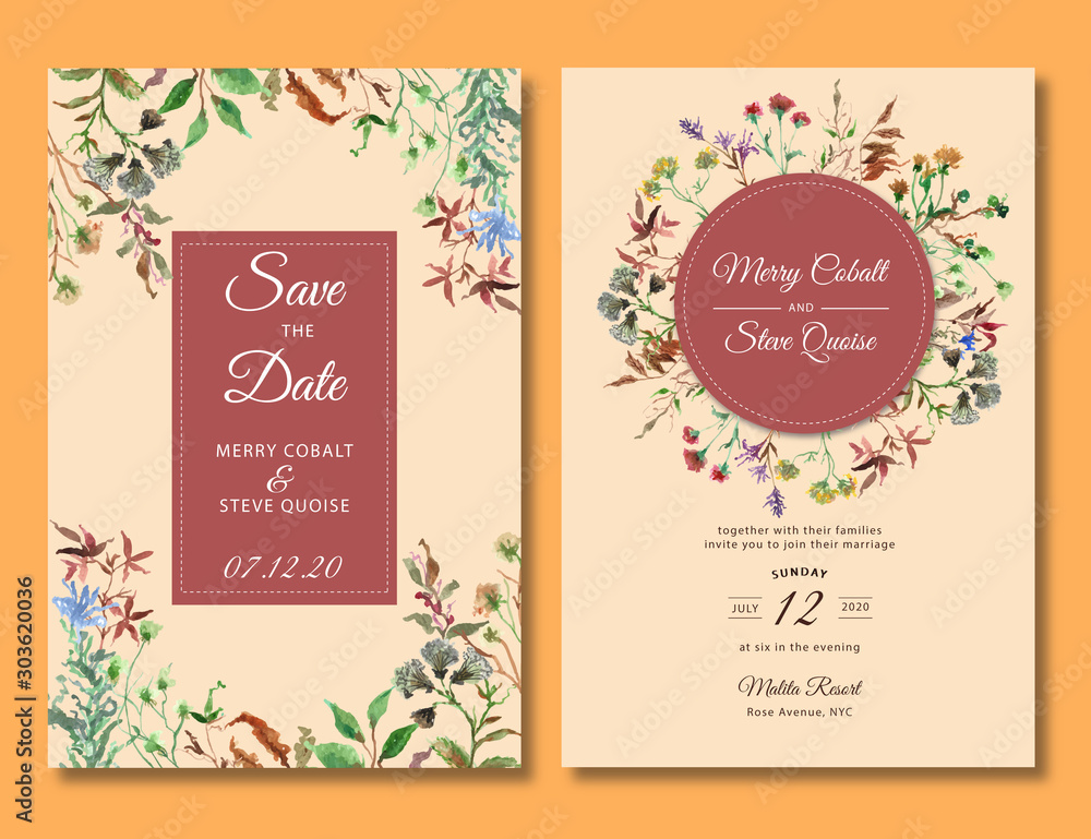 wedding invitation with wild floral watercolor