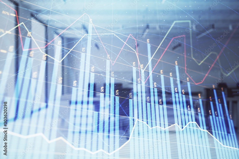 Stock and bond market graph with trading desk bank office interior on background. Multi exposure. Concept of financial analysis Stock and bond market graph with trading desk bank office interior on background. Multi exposure. Concept of financial analysis