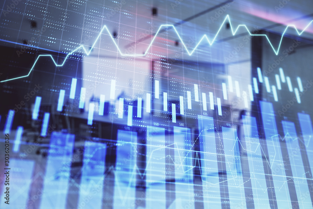 Stock market chart with trading desk bank office interior on background. Double exposure. Concept of financial analysis Stock market chart with trading desk bank office interior on background. Double exposure. Concept of financial analysis