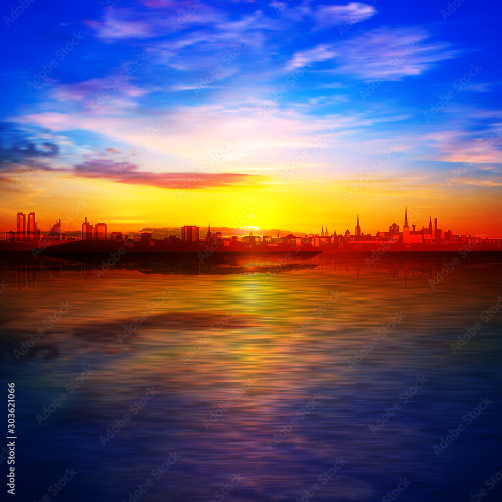 abstract spring background with gold sunrise blue sky and silhouette of city