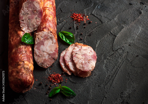 Drogobych sausage made from pork and beef Meat delicacies. photo