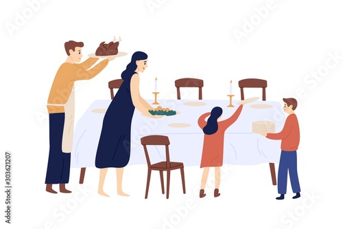 Festive table serving flat vector illustration. Parents and kids cartoon characters. Traditional holiday dinner. Christmas, New Year preparation. Family laying table isolated on white background.