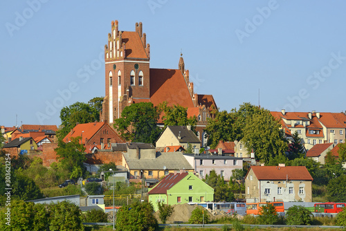 Panorama town Gniew and Roman Catholic church St. Nicholas. Gniew (German: Mewe) is a town situated on the left bank of the Vistula River, in the Pomeranian Voivodeship, Poland. photo