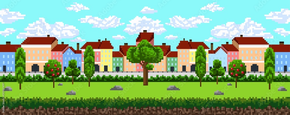 Seamless pattern of pixel city background vector illustration. Nice houses in summer landscape with green trees and blue sky for adventure game on 8-bit platform flat style concept Seamless pattern of pixel city background vector illustration. Nice houses in summer landscape with green trees and blue sky for adventure game on 8-bit platform flat style concept