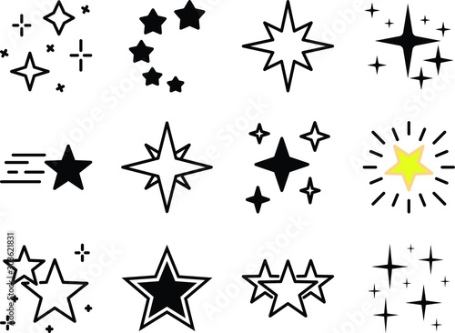 Stars flat line icons set. Shining star  starry night  falling star  firework  twinkle  glow  glitter burst vector illustrations. 