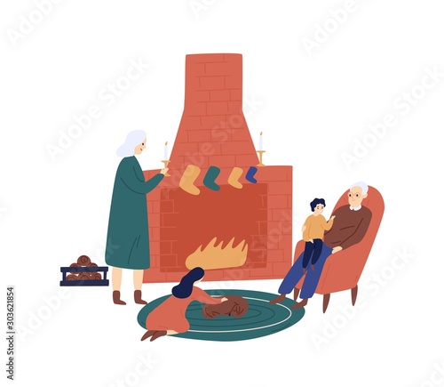 Christmas time with grandparents flat vector illustration