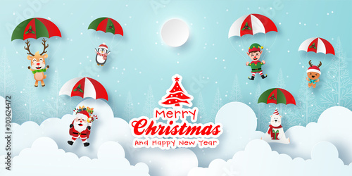 Origami Paper art of Santa Claus and cute character make a parachute jump on the sky, Merry Christmas and Happy New Year