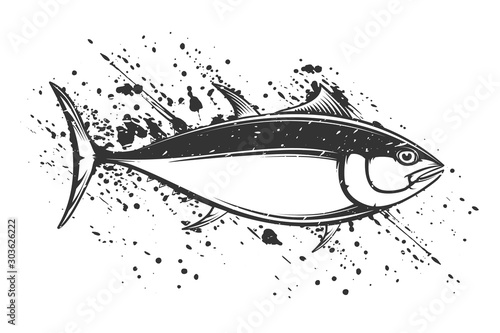 Tuna big eye fishing logo illustration. Yellowfin tuna fish fishing vector emblem. Blue fin fish marine theme. Angry fish.