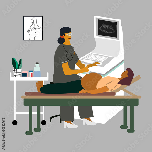 Pregnancy ultrasound examination. Doctor or gynecologist monitoring and examining a pregnant woman at ultrasonography procedure. Flat vector illustration.