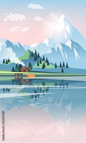 Vector landscape with beautiful mountains and lake