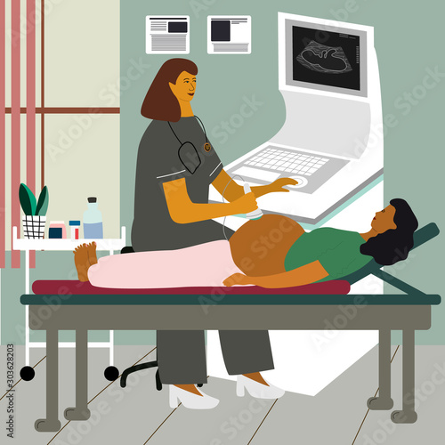 Pregnancy ultrasound examination. Doctor or gynecologist monitoring and examining a pregnant woman at ultrasonography procedure at clinic. Flat vector illustration.
