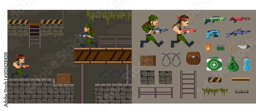 Pixel military shooter character game diy constructor vector illustration. Collection of high-textured 8-bit models of old but playable arcade fps game flat style concept