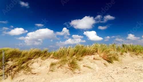 Fototapeta Naklejka Na Ścianę i Meble -  Dune beach on the North Sea island Langeoog in Germany with blue sky and clouds on a beautiful summer day