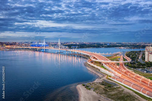 Illuminated high speed highway in Saint Petersburg night aerial view photo