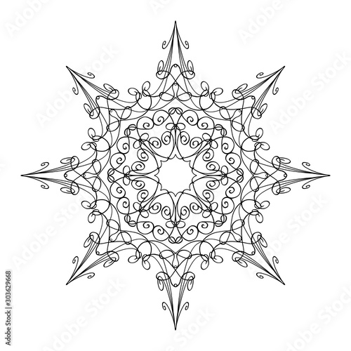 Vector pen and ink drawing of snow flake shape, round ornamental graphic design in mandala style.
