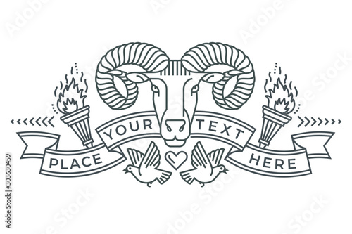 Emblem  badge with a ram head in the style of linear engravings  armorial symbols. in the style of linear engravings  armored symbols.  Coat of arms  heraldry. Aries zodiac sign.