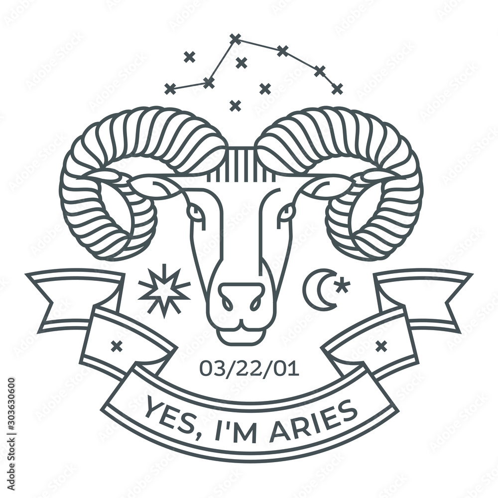 Emblem, badge with a ram head in the style of linear engravings ...