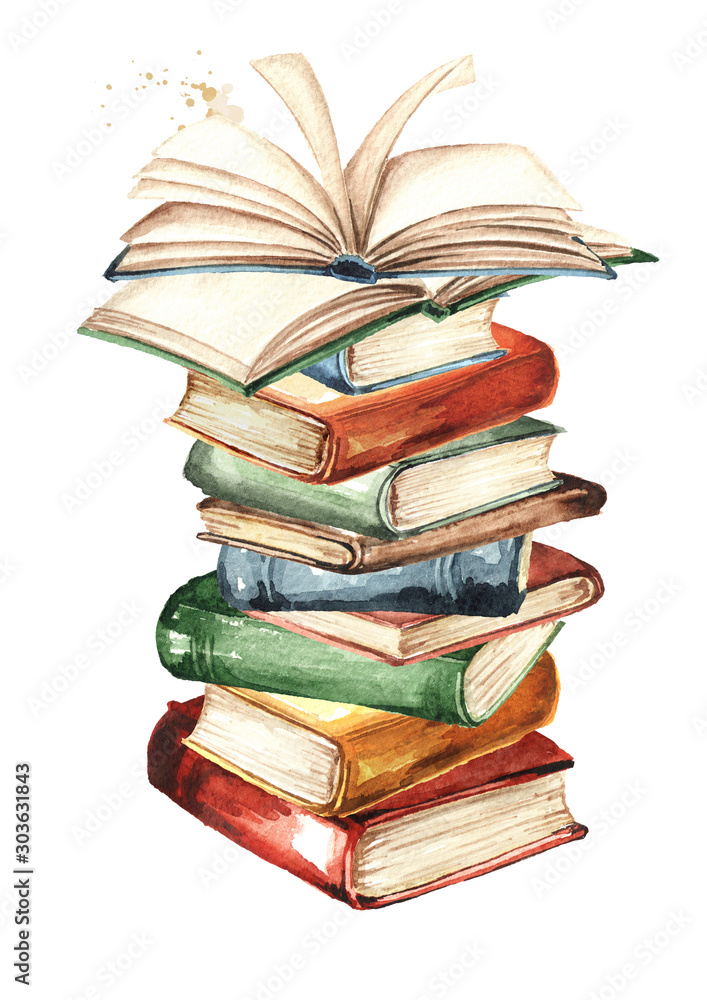 Tall stack of old books, Watercolor hand drawn illustration, isolated on white background - obrazy, fototapety, plakaty 
