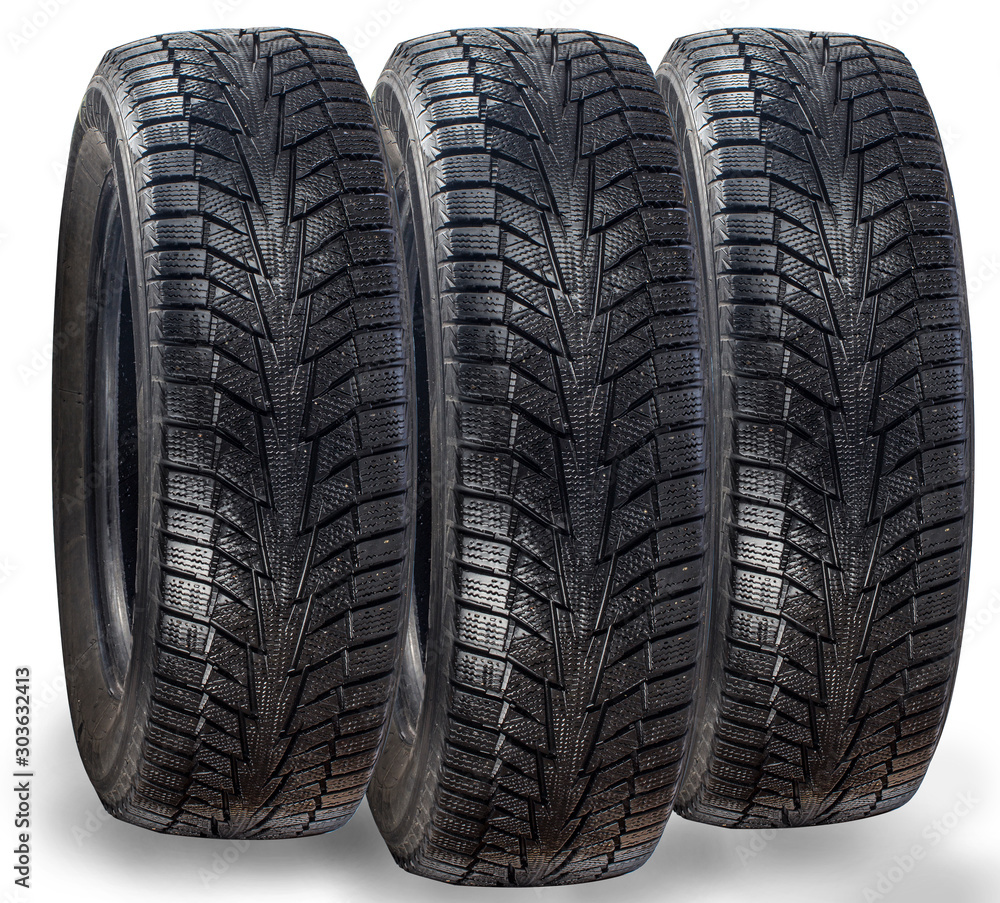 thre car tire on a white background Winter rubber thre car tire on a white background Winter rubber