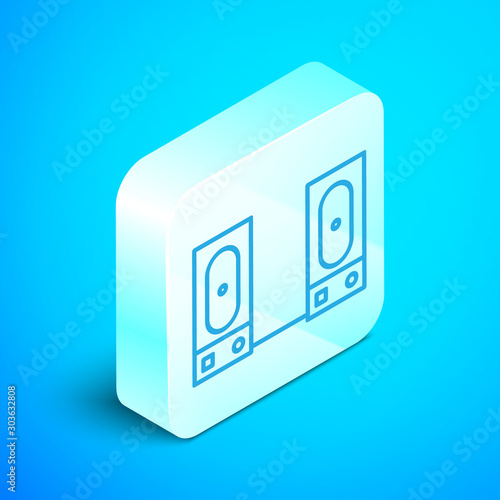 Isometric line Stereo speaker icon isolated on blue background. Sound system speakers. Music icon. Musical column speaker bass equipment. Silver square button. Vector Illustration