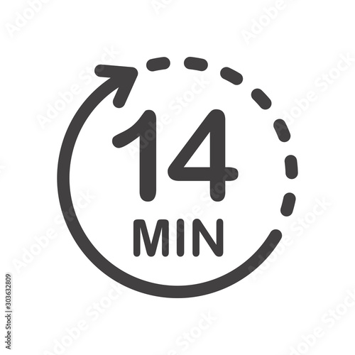 Fourteen minutes icon. Symbol for product labels. Different uses such as cooking time, cosmetic or chemical application time, waiting time ...