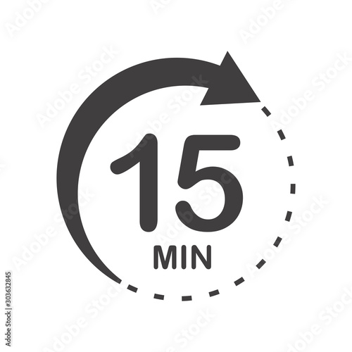 Fifteen minutes icon. Symbol for product labels. Different uses such as cooking time, cosmetic or chemical application time, waiting time ...