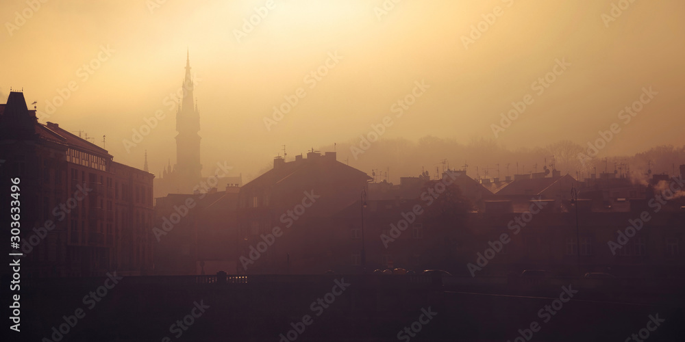 Morning panorama of misty Krakow. Poland.