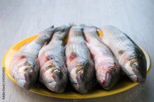 Fresh mullet fish on a yellow plate. Selective focus..