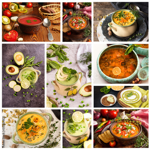 Food set collage of various pictures of healthy vegetarian soup. IPampkin tomato green pea and other ingredients. Copy space