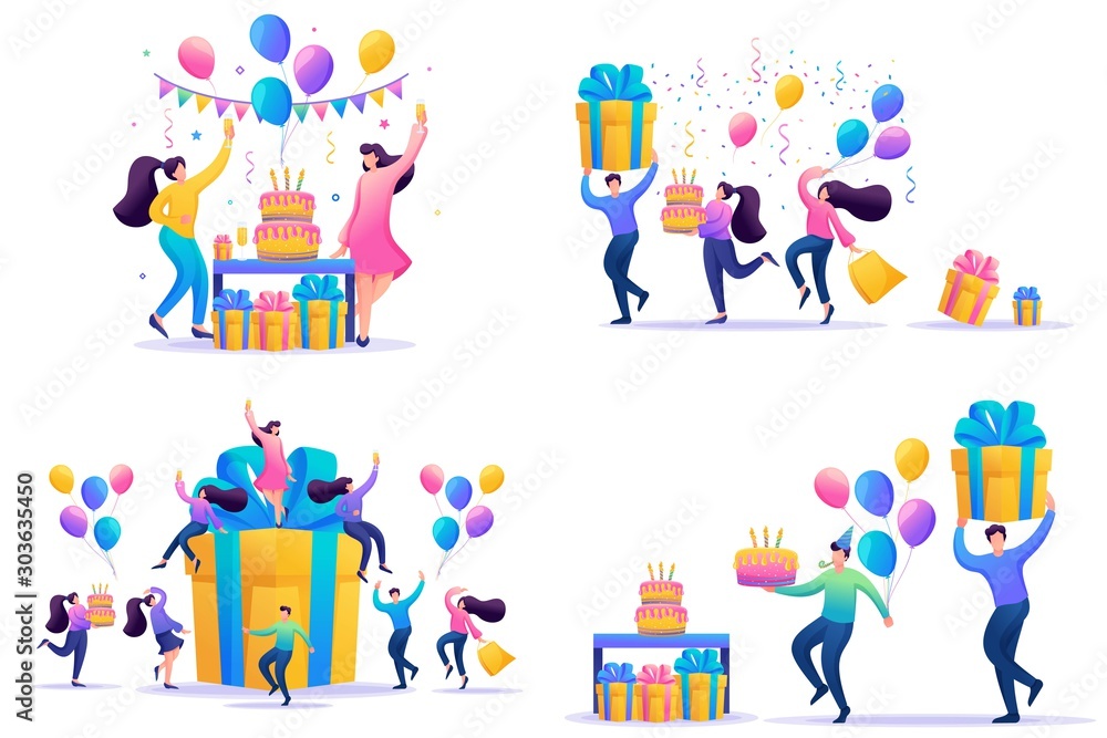 Set Flat concepts Celebrate birthday Party with friends. Anniversary confetti with happy funny 2D characters. For Concept for web design Set Flat concepts Celebrate birthday Party with friends. Anniversary confetti with happy funny 2D characters. For Concept for web design