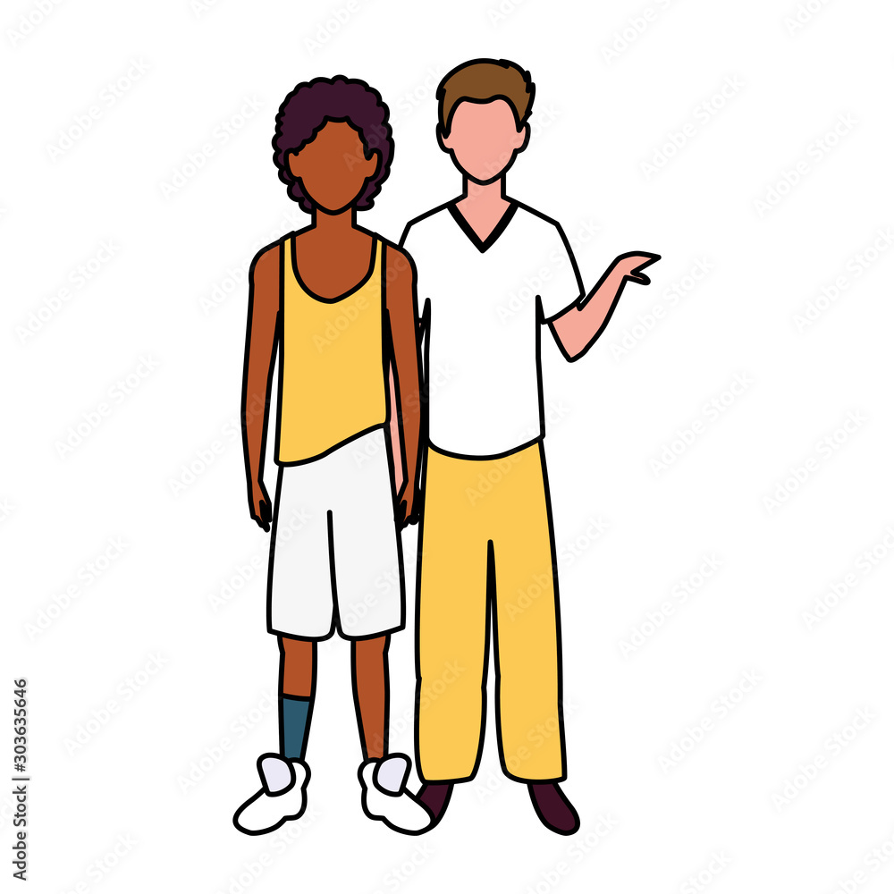 men standing faceless with different poses on white background