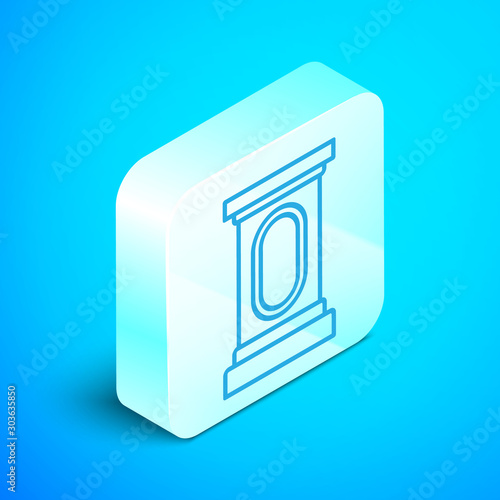 Isometric line Stage stand or debate podium rostrum icon isolated on blue background. Conference speech tribune. Silver square button. Vector Illustration