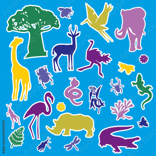 Fototapeta Naklejka Na Ścianę i Meble -  Big set of cartoon tropical stickers. Wildlife of Africa. Spots in a flat style isolated on a light background. - Vector graphic