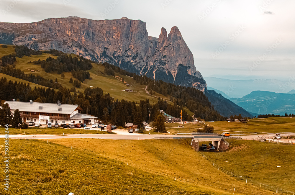 Beautiful alpine morning view of the Schlern mountains at the famous Seiser Alm, South Tyrol, Italy