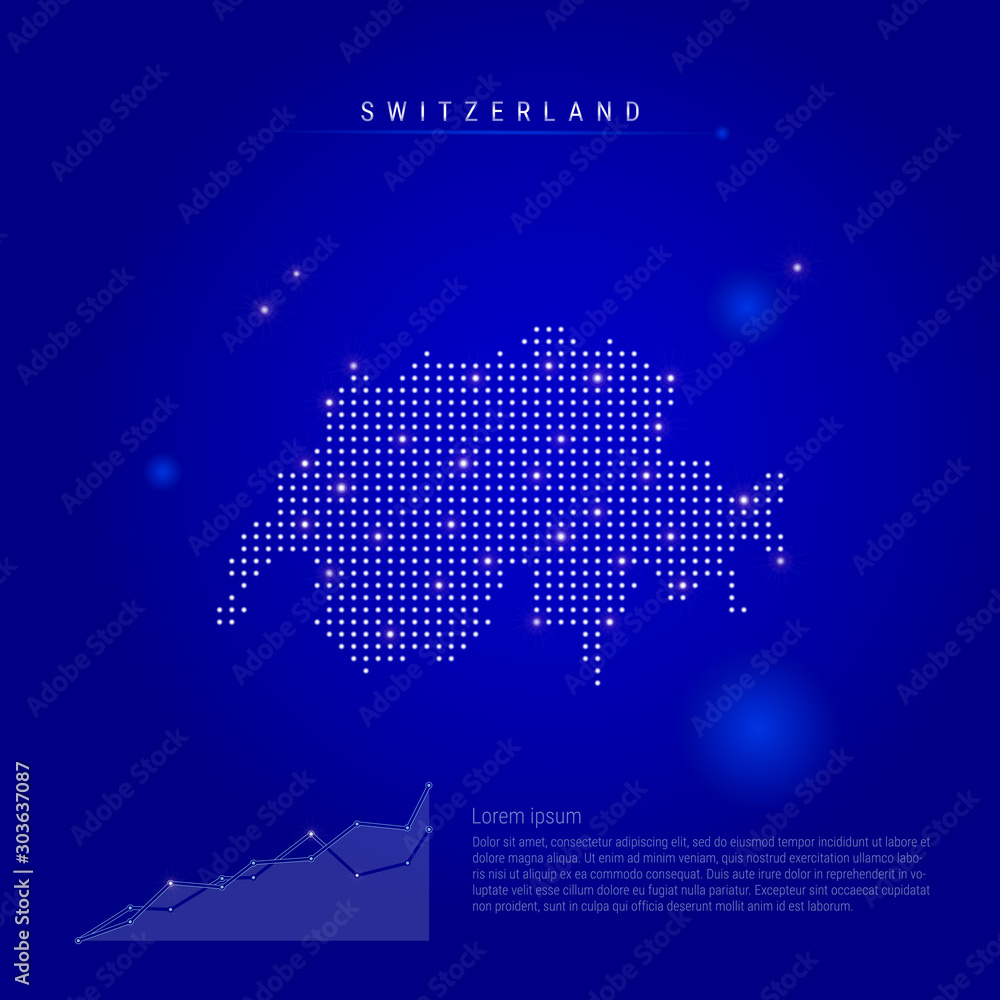 Switzerland illuminated map with glowing dots. Dark blue space background. Vector illustration