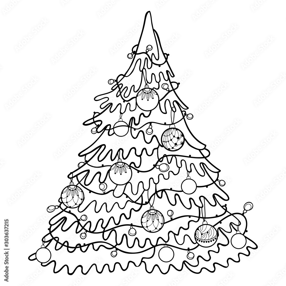 Φωτογραφία Drawing of outline vintage fir tree with garland and ornate Christmas balls in black isolated on white background