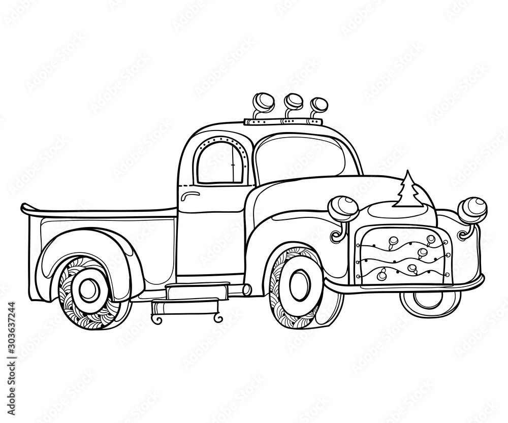 Drawing of outline vintage old pickup truck with Christmas tree garland ...