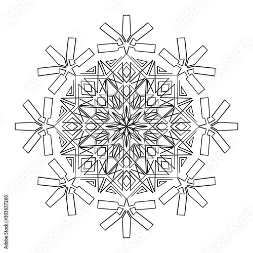 Vector pen and ink drawing of snow flake shape  round ornamental graphic design in mandala style.