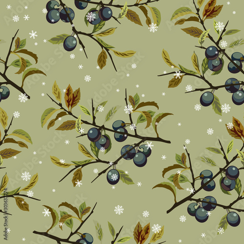 Seamless floral pattern with branches of blackthorn with fruits and snowflakes.