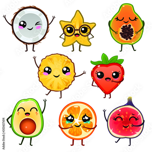 Funny cartoon fruits icons set on white background
