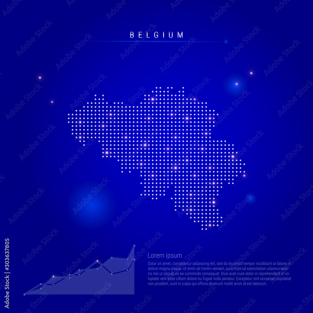 Belgium illuminated map with glowing dots. Dark blue space background. Vector illustration