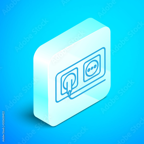 Isometric line Electrical outlet icon isolated on blue background. Power socket. Rosette symbol. Silver square button. Vector Illustration