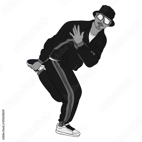 breakdancer with tracksuit and cap and sunglasses. oldschool, b-boystand, vector, gray, black, balance, hand, cool, hip hop.