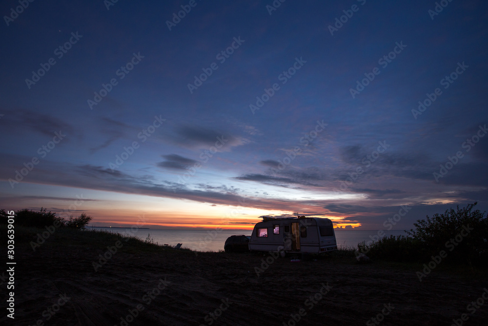 camping, mobile home on the beach, green grass, twilight camping, mobile home on the beach, green grass, twilight