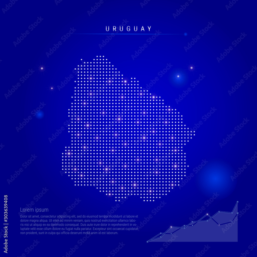 Uruguay illuminated map with glowing dots. Dark blue space background. Vector illustration
