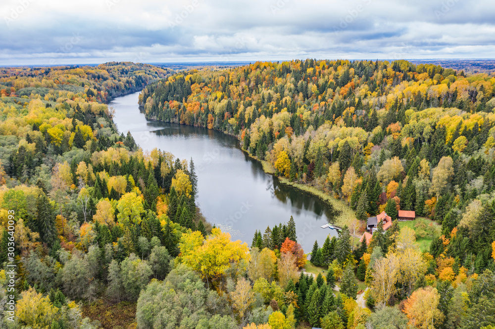 Forest in autumn colors. Colored trees and a meandering blue river. Red, yellow, orange, green deciduous trees in fall. Veclaicene, Latvia, Europe