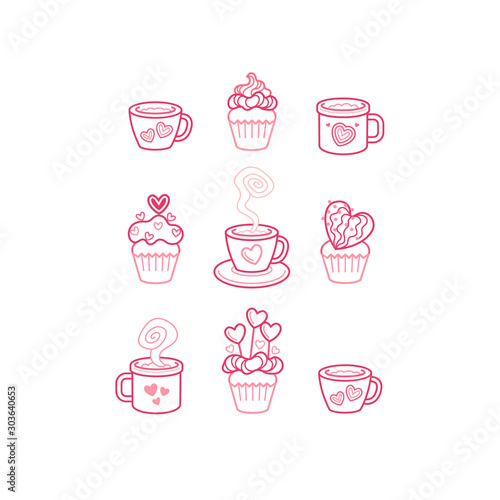 Vector set of pink cupcakes with decoration, coffee or tea mug, isolated