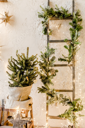 Christmas, New Year decor with a Christmas tree in a pot, fir branches and burning garlands. Traditional winter holidays Christmas / New Year.  © Tatsiana